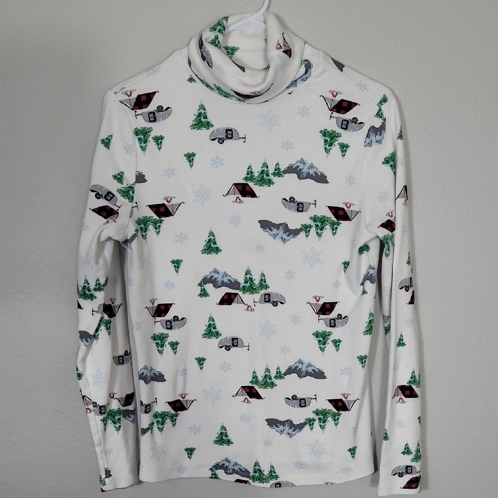 Time and Tru Womens Christmas Turtleneck Top Size S Cotton Long Sleeve Camping